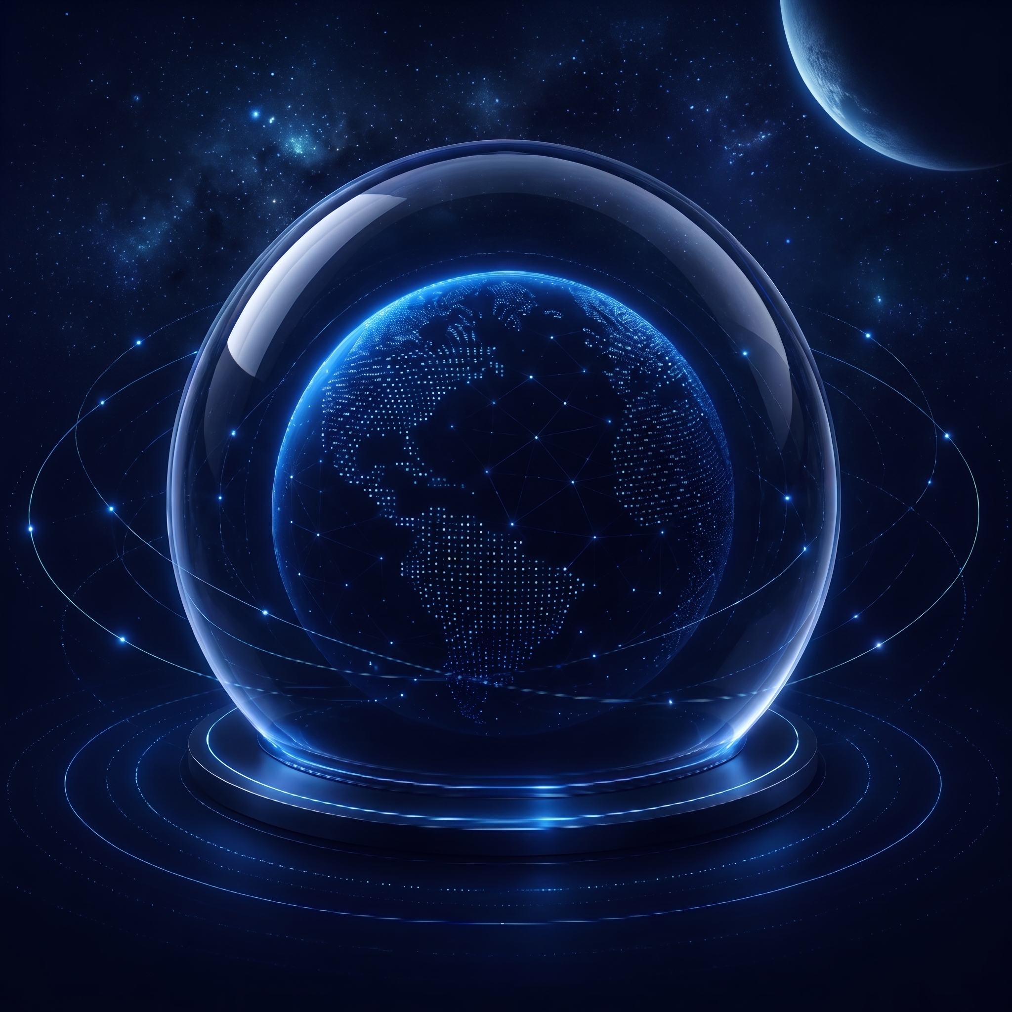 Esfera desplegada sobre una plataforma luminosa